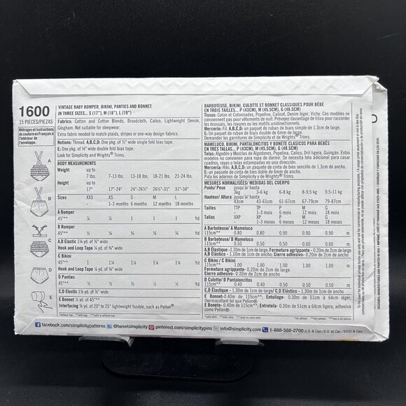 Simplicity 1600 “Romper, Bikini, Panties & Bonnet” (XXS-L) Sewing Pattern - Picture 2 of 5